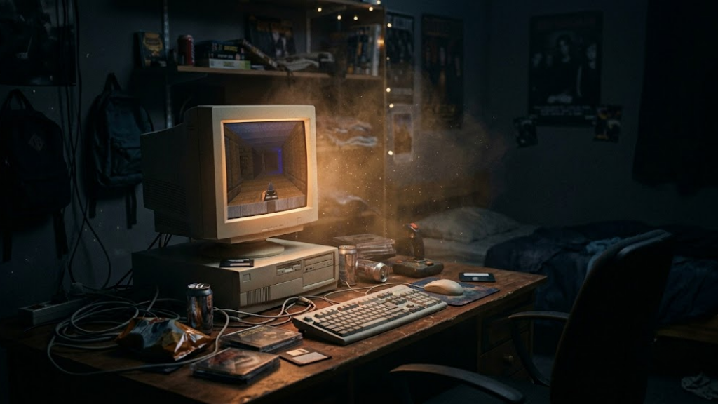 A late-1990s bedroom at night lit by the glow of a CRT monitor running an early 3D game, with a beige tower PC on a cluttered desk