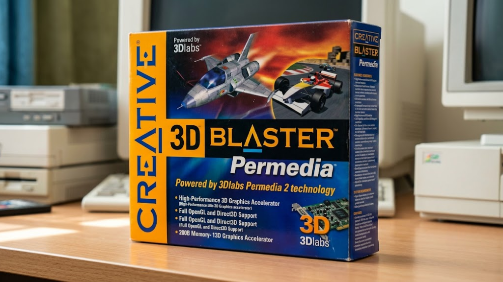 A 1990s consumer 3D graphics setup: a Permedia-based 3D Blaster card and a CRT monitor showing an early 3D game.