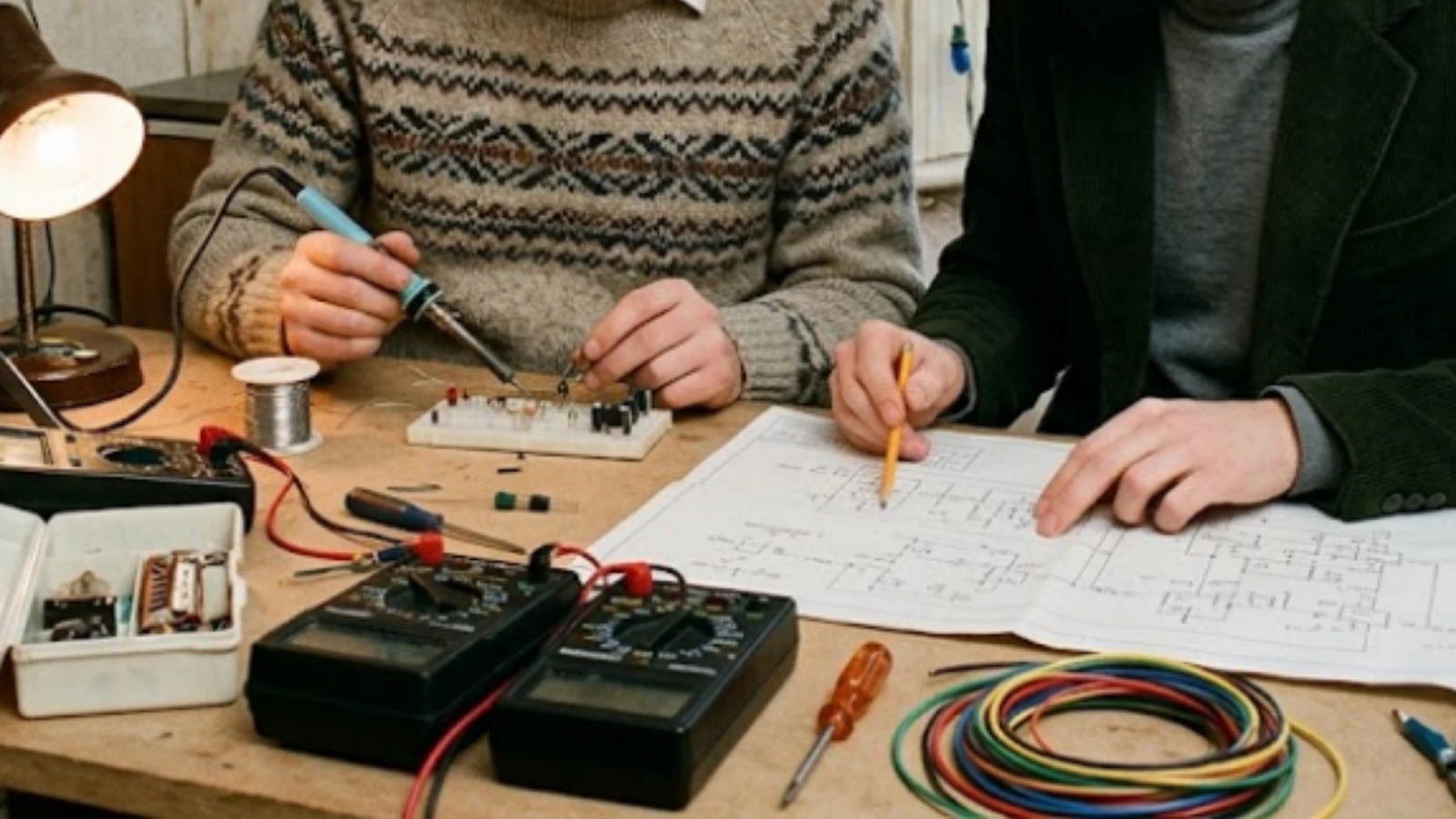 An early 1980s electronics workbench with hand-built circuit boards and test equipment, evoking the founding of benchMark Technology in London.