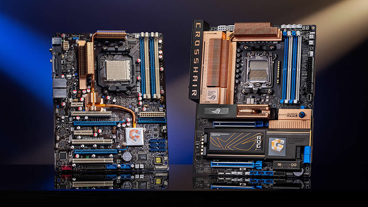 The original 2006 ASUS ROG Crosshair motherboard with its tall pure-copper heatsink and white and blue accents