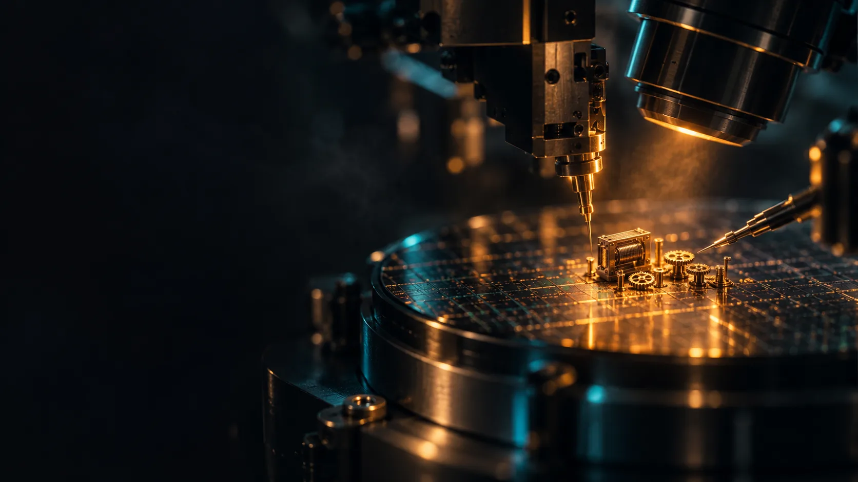 Illustration of an automated micro-fabrication line converging on a silicon wafer that holds a tiny metal relay and gears the size of sand grains.