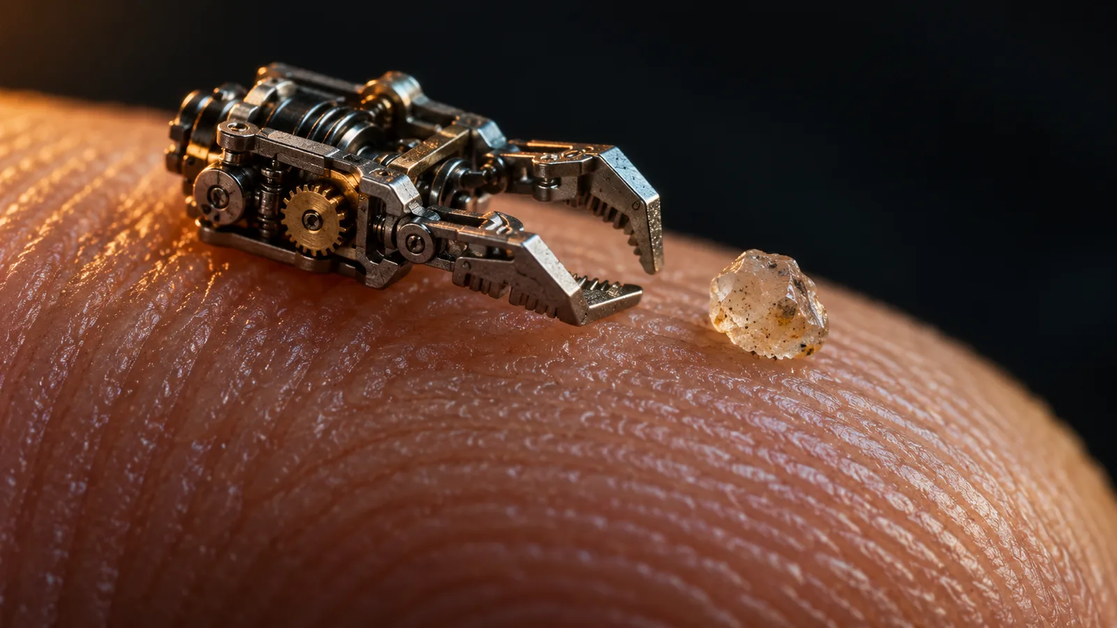 Illustration of a microscopic robotic gripper made of tiny gears and springs on a fingertip beside a grain of sand.