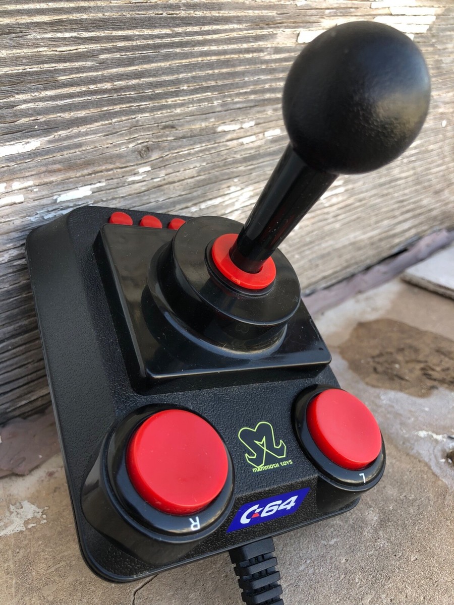 A classic Atari-style joystick of the type used with the Commodore 64, with a single fire button.