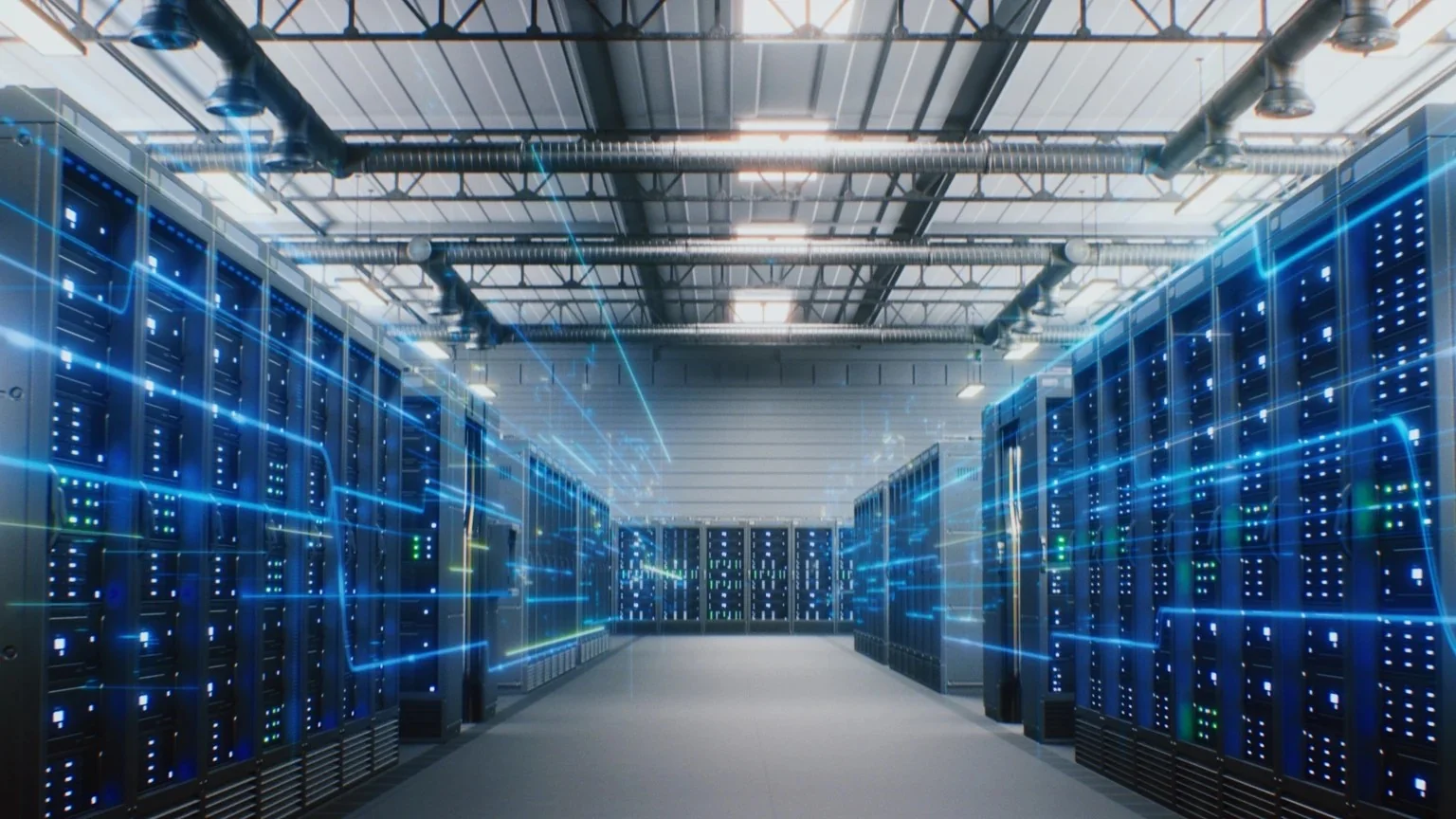 Long rows of illuminated server racks receding down a data centre hall.