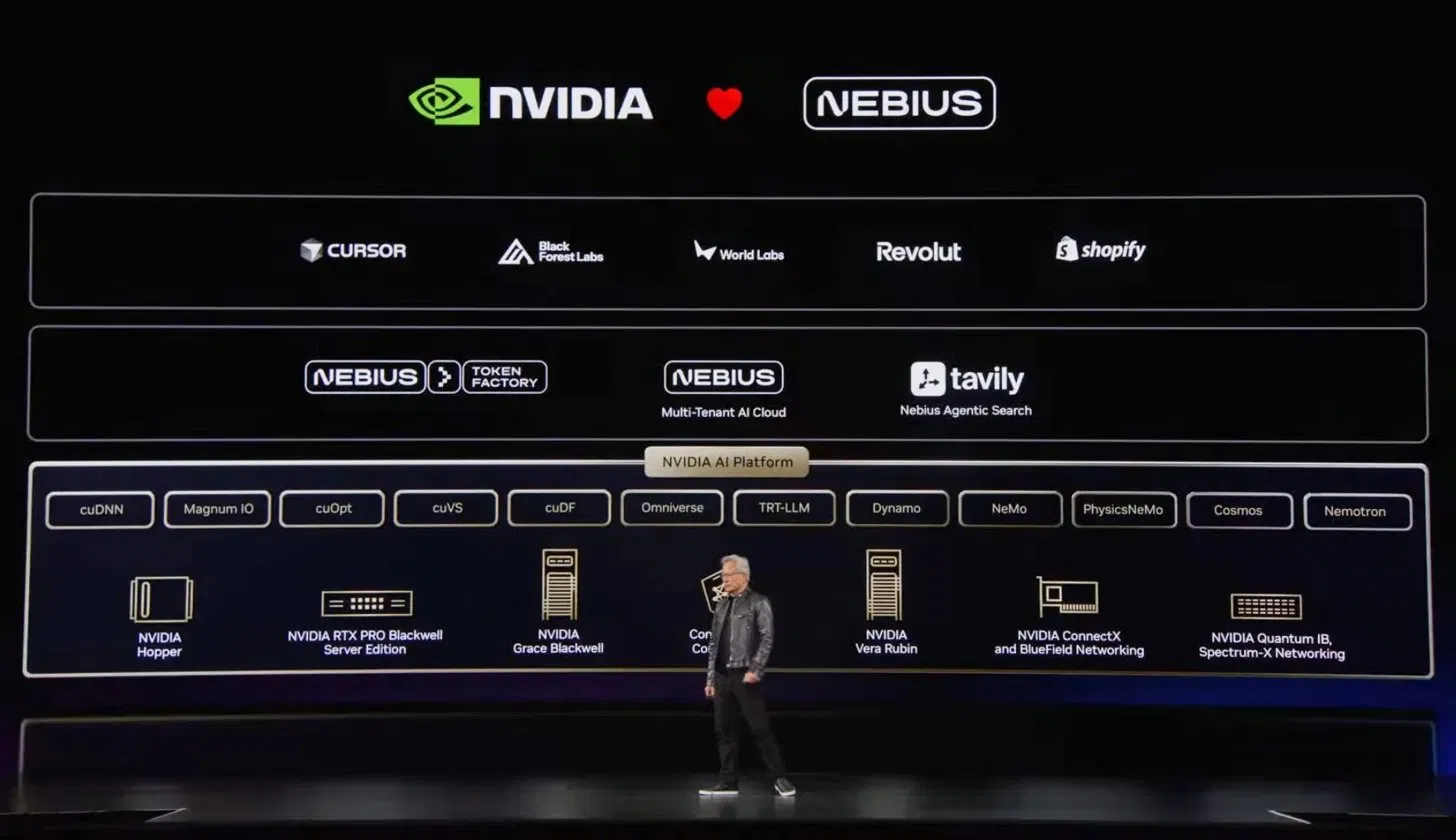 NVIDIA AI Platform keynote slide showing the full software stack, with a row of CUDA-X libraries including cuDNN, Magnum IO, cuOpt, cuVS, cuDF, Omniverse, TRT-LLM, Dynamo, NeMo, PhysicsNeMo, Cosmos and Nemotron above a hardware row spanning Hopper, RTX PRO Blackwell, Grace Blackwell, Vera Rubin and ConnectX networking, under an NVIDIA and Nebius partnership banner.