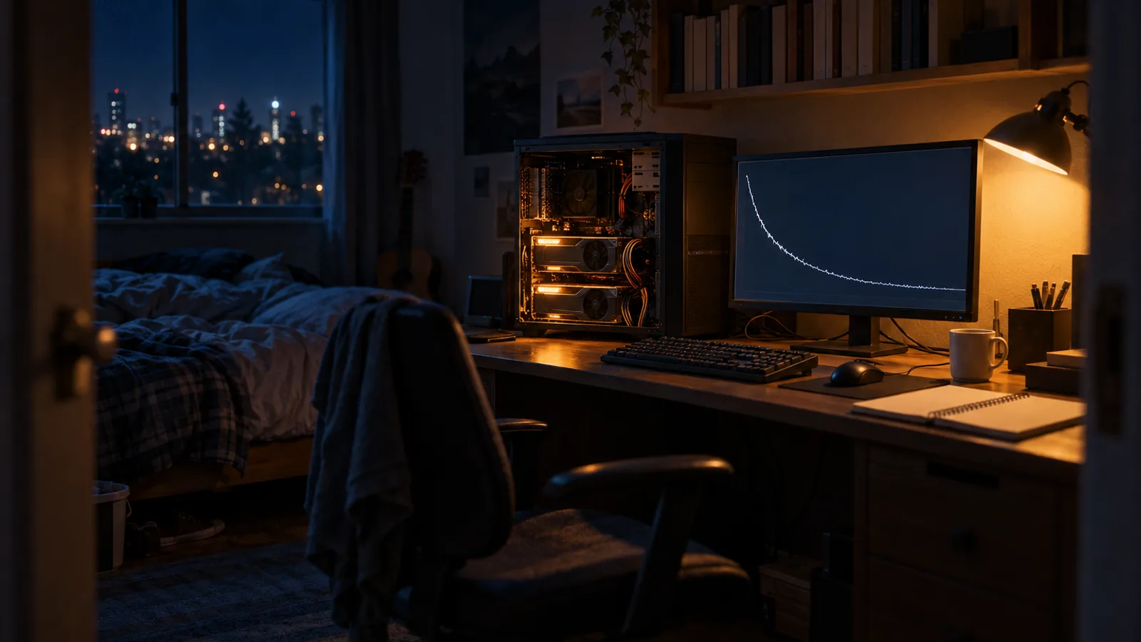 A modest bedroom at night with a desktop PC on a wooden desk, its side panel open to show two graphics cards glowing amber, a monitor showing a falling training curve and a dark window behind it.
