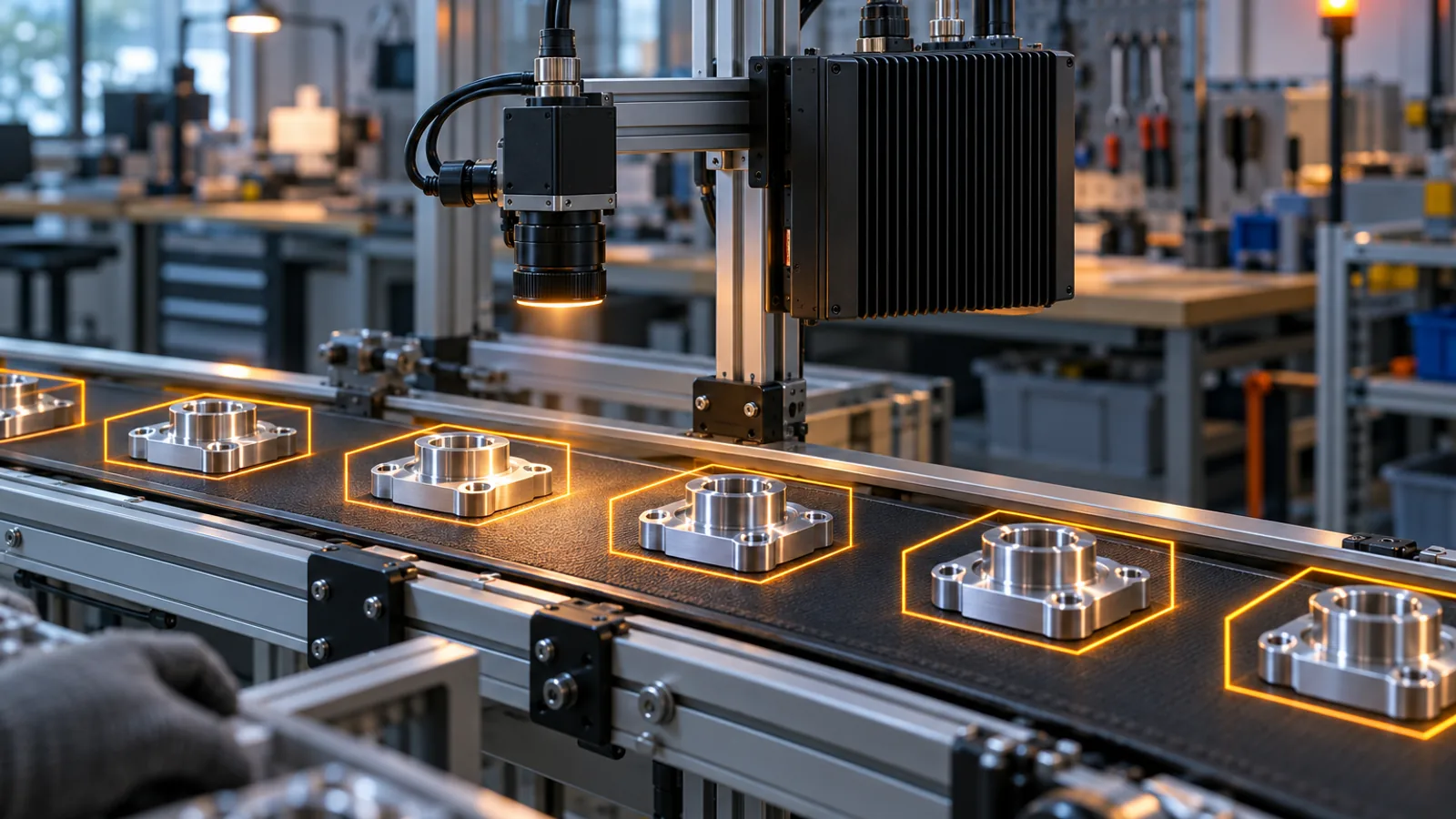 A compact unbranded AI edge computer and an industrial camera on an aluminum arm watching metal parts on a small conveyor, with faint amber outline boxes drawn around each part.