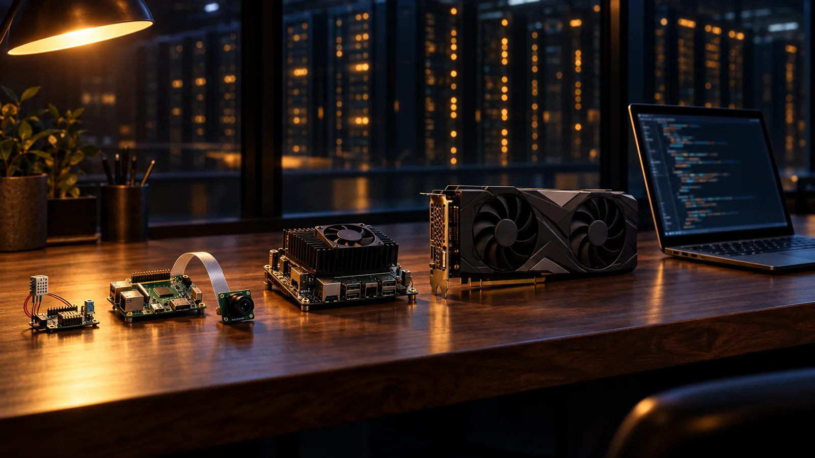 A dark workbench at night with a microcontroller, a single-board computer with a camera, a compact AI edge module, a desktop graphics card and a glowing laptop arranged like the rungs of a ladder, with server racks glowing amber in the background.