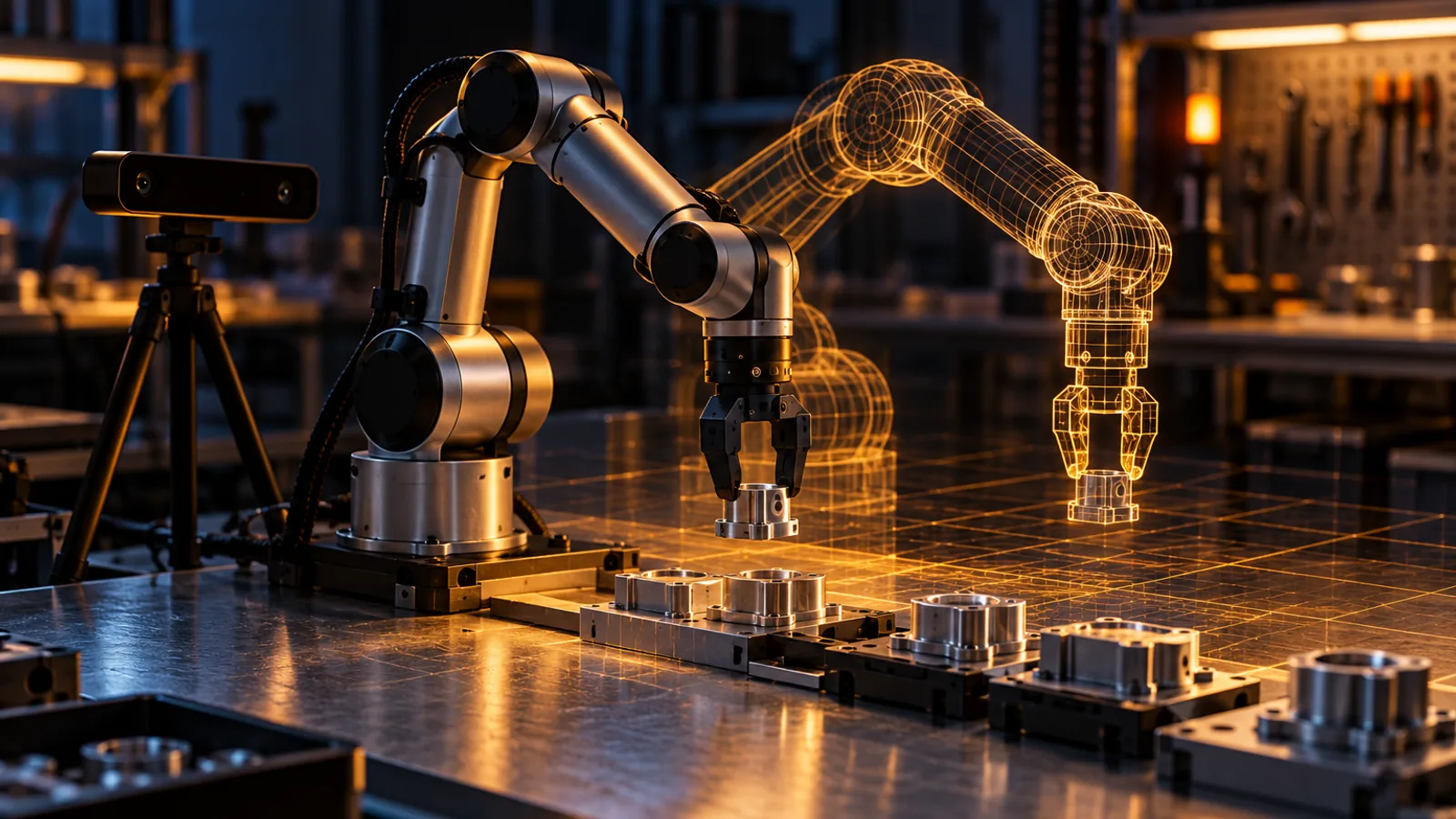 A compact robot arm on a steel bench picking up a metal part, overlapped by a glowing amber wireframe copy of itself that represents its simulated digital twin.