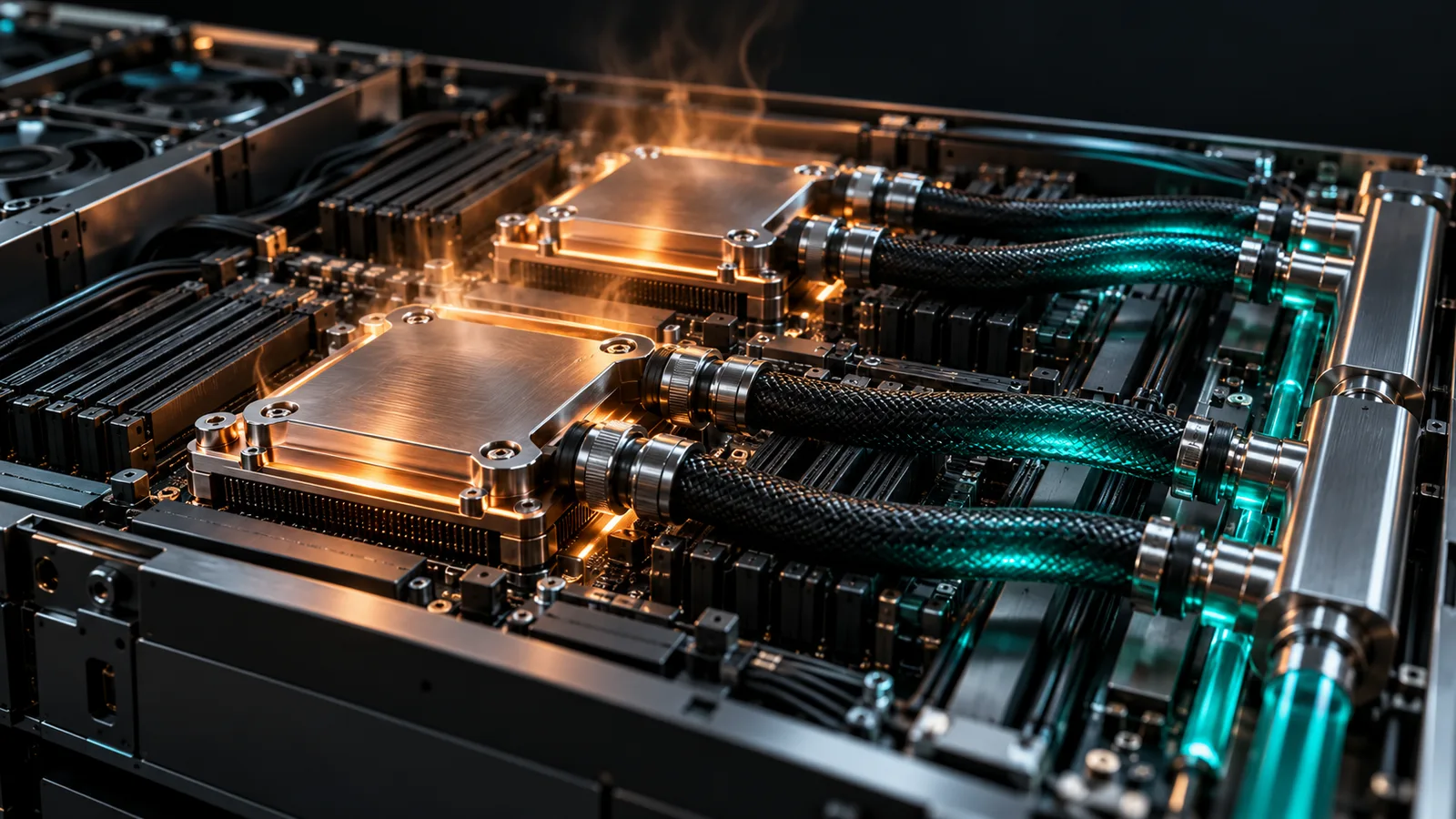 Close-up of direct-to-chip liquid cooling inside an AI server: cold plates on the processors, braided coolant hoses and a manifold, lit in warm amber.