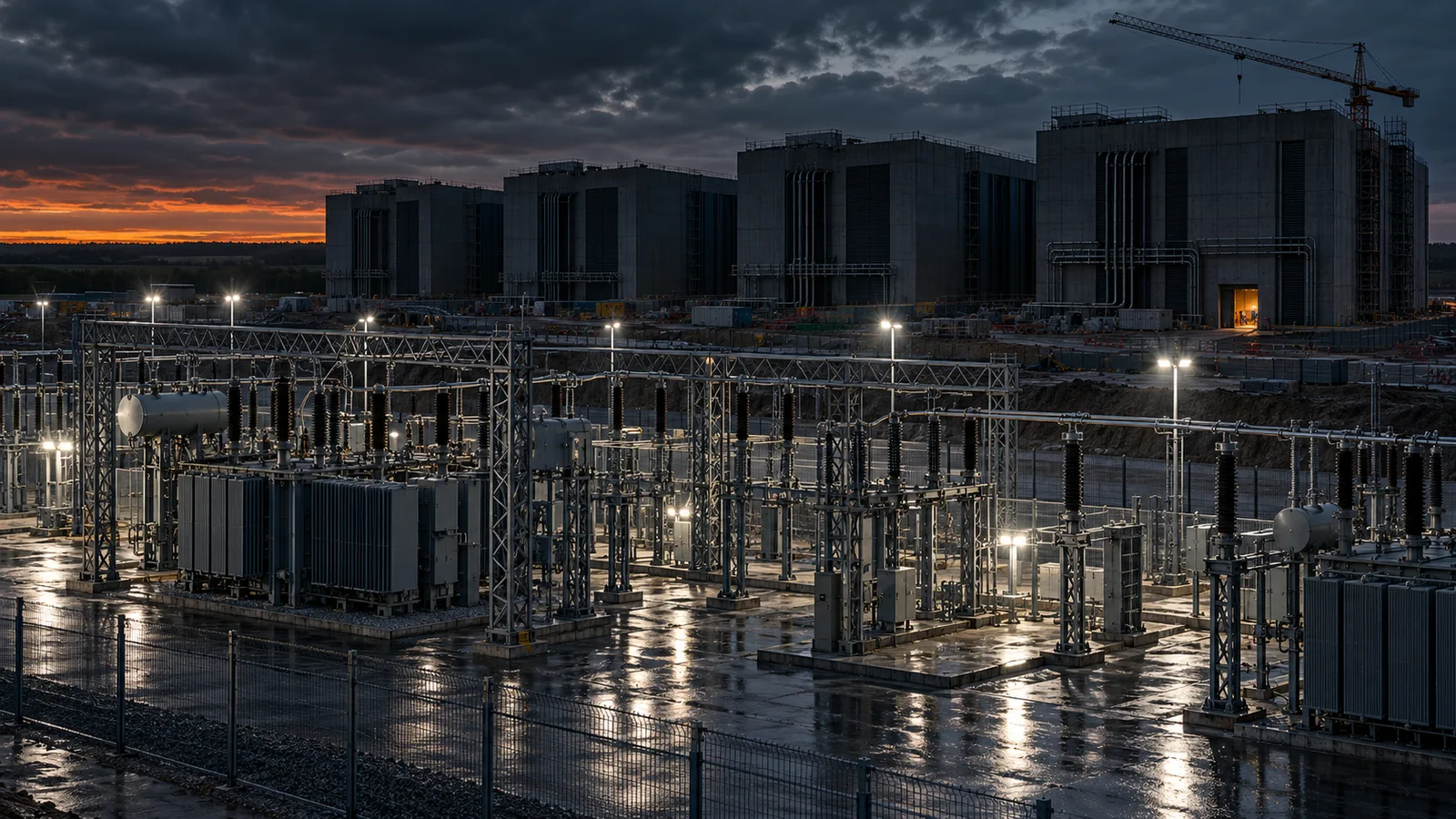An electrical substation at dusk beside a row of unfinished data centre buildings whose halls stay dark while they wait for a grid connection.
