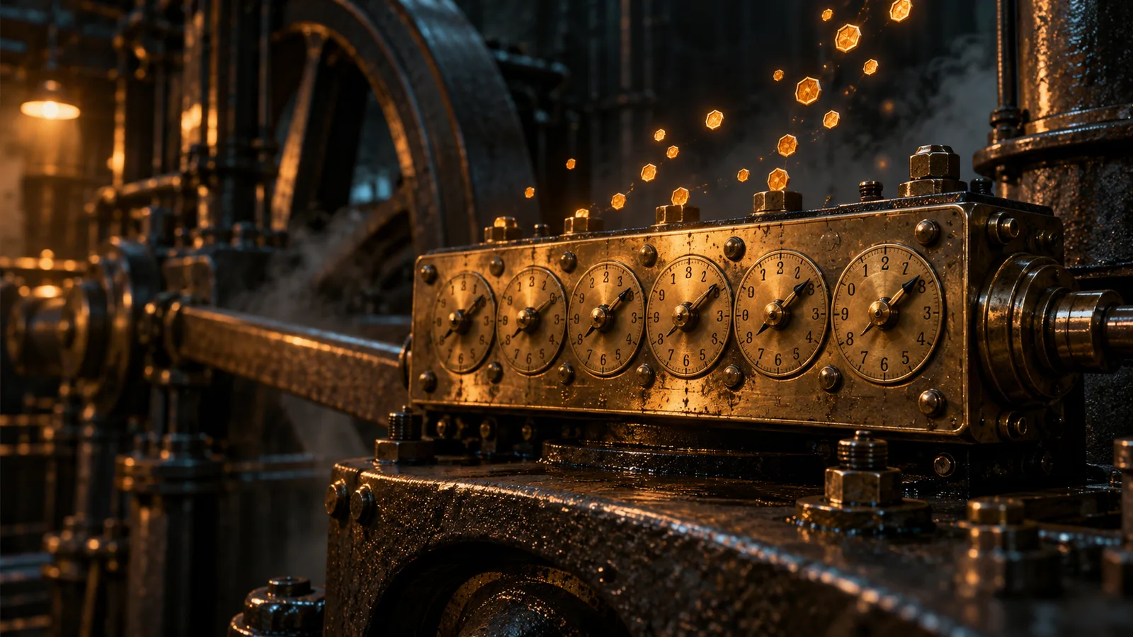 An antique brass engine counter with numbered dials, mounted on a dark iron beam, its dials reading out tokens instead of strokes under warm workshop light.