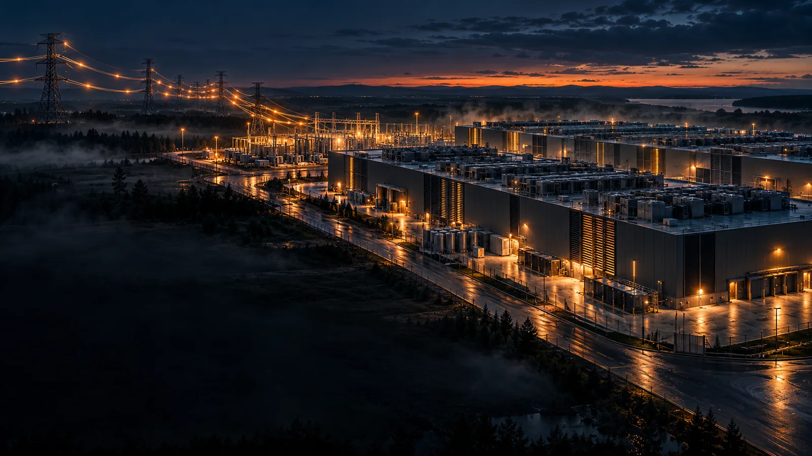 An AI data centre campus at dusk, with high-voltage transmission lines converging on it and warm amber light spilling from its halls.