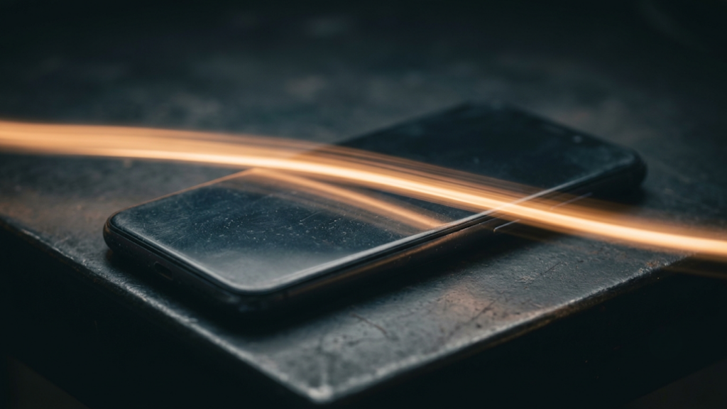 Illustration of an aging smartphone with a warm light streak across it, symbolizing a speed boost from a software update