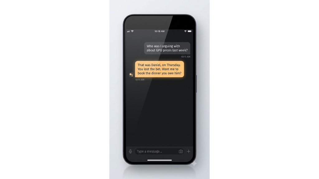 Concept mockup of an AI assistant chat recalling a past conversation from the user's messages and offering to book a dinner