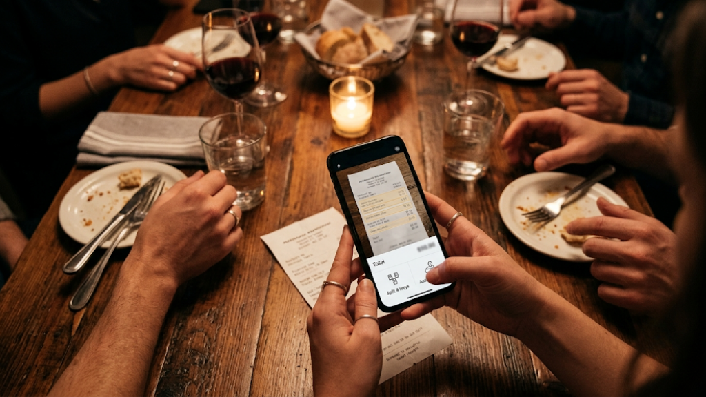 Illustration of a smartphone camera scanning a restaurant receipt with line items highlighted for bill splitting