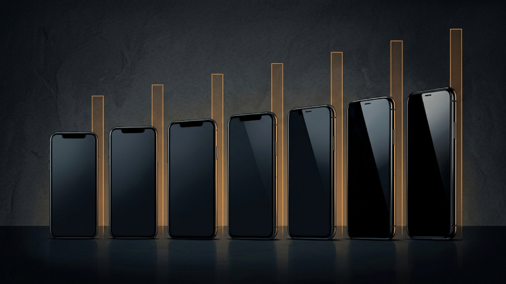 Row of nearly identical smartphones, each slightly taller than the last, with rising bars behind them symbolizing iterative spec growth